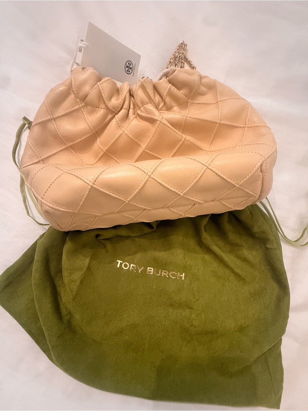 Tory Burch Quilted Drawstring Clutch in Light Blush